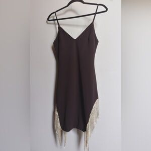 Black Slip Dress w/ Rhinestone Fringe Hem | Blanc